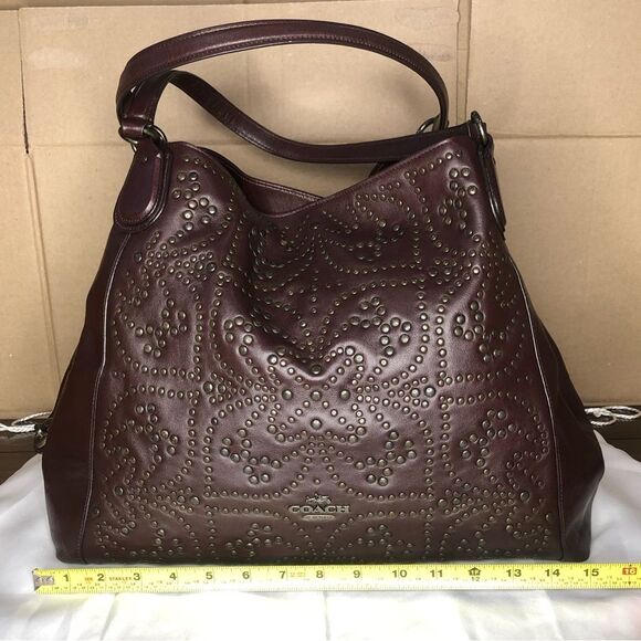 COACH Oxblood Edie Studded Soft Leather Triple Section Turn Lock Shoulder Bag - Picture 11 of 17